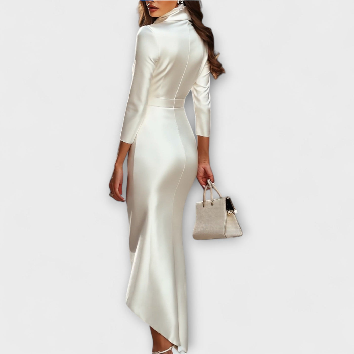 Rebecca - Elegant White Satin Midi Dress with V-Neck