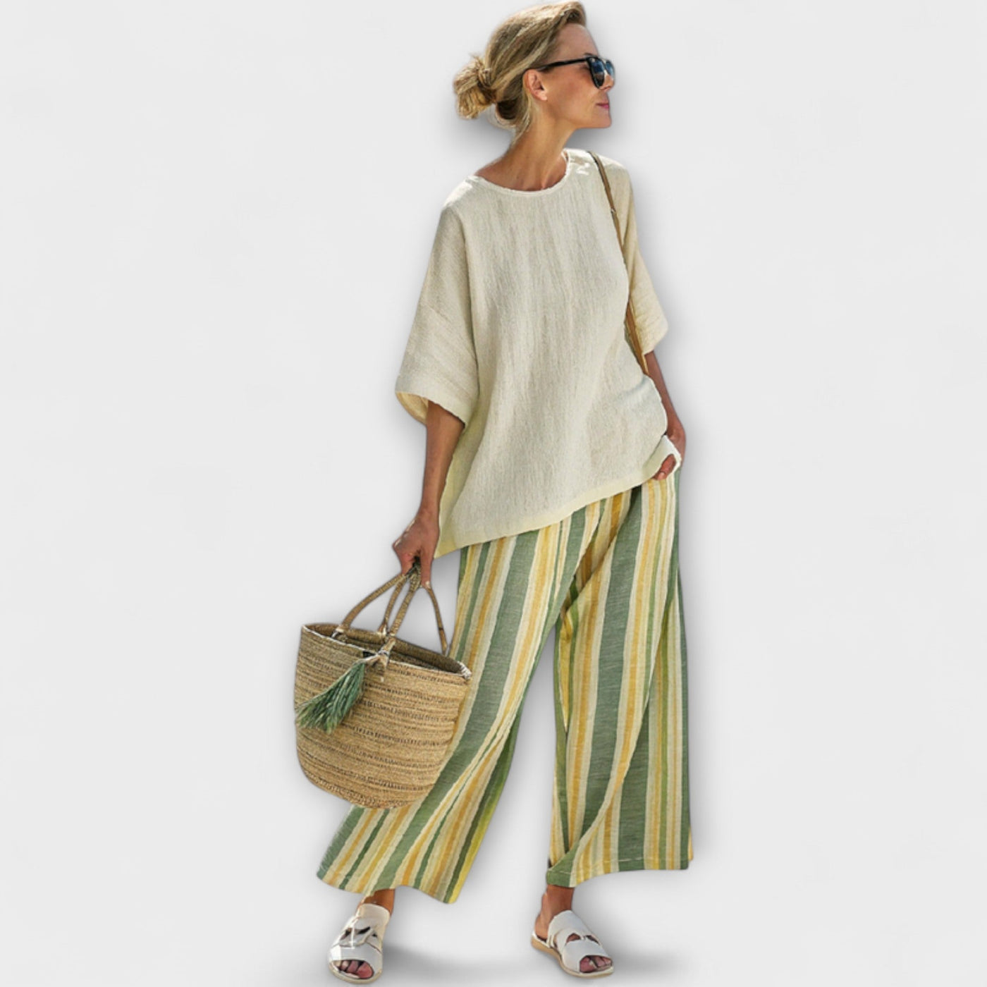 Leah - Bamboo Linen Set with Olive Green Stripes