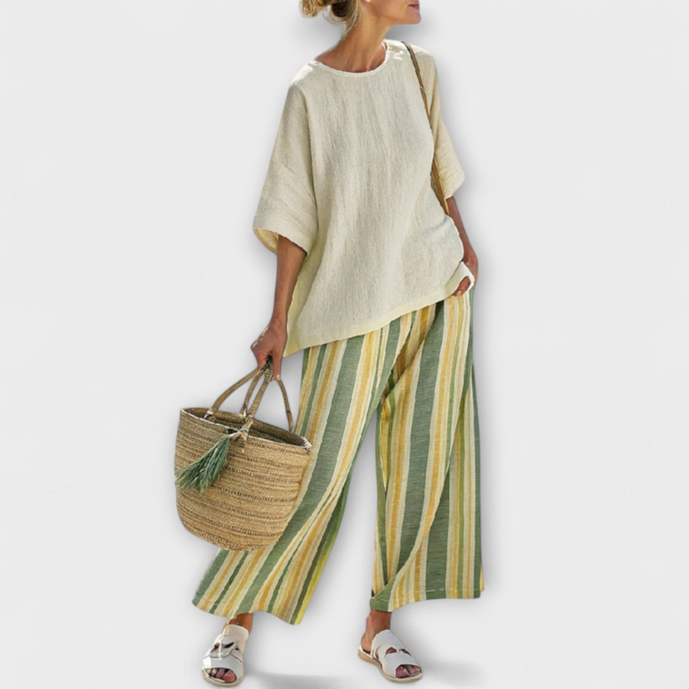 Leah - Bamboo Linen Set with Olive Green Stripes