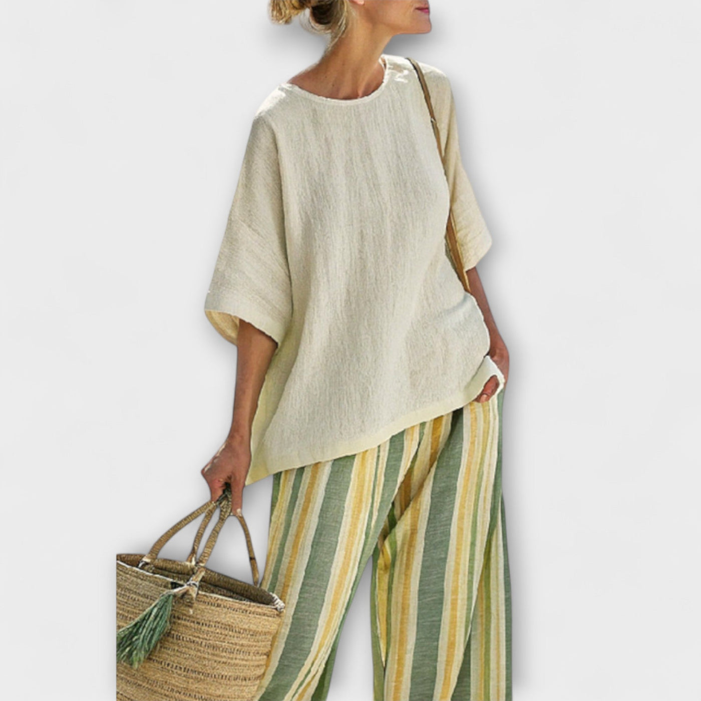 Leah - Bamboo Linen Set with Olive Green Stripes