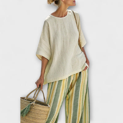 Leah - Bamboo Linen Set with Olive Green Stripes
