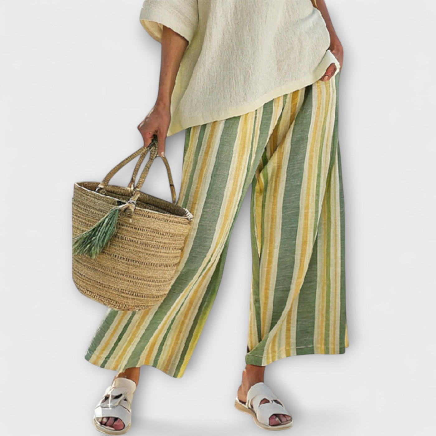 Leah - Bamboo Linen Set with Olive Green Stripes