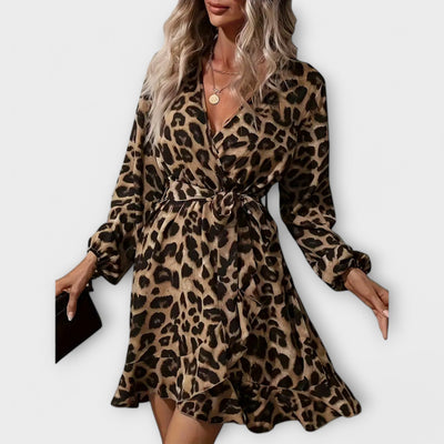 Chic Dress with Leopard Print, V-Neck, and Tie Belt