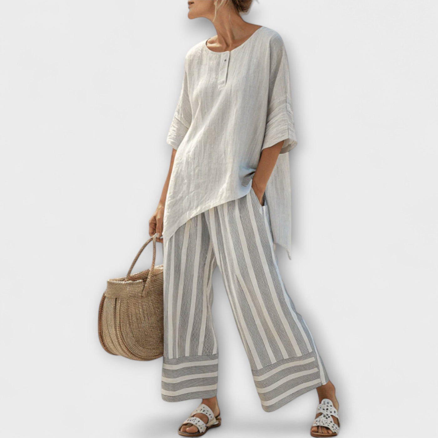 Lucy - Asymmetric Blouse and Vertical Striped Pants