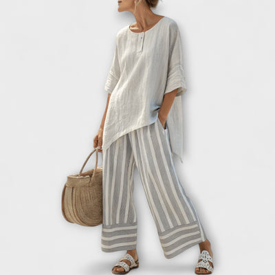 Lucy - Asymmetric Blouse and Vertical Striped Pants