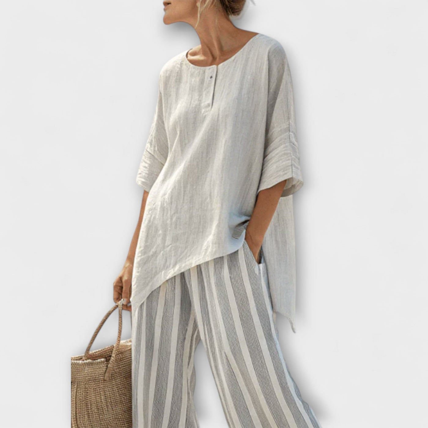 Lucy - Asymmetric Blouse and Vertical Striped Pants